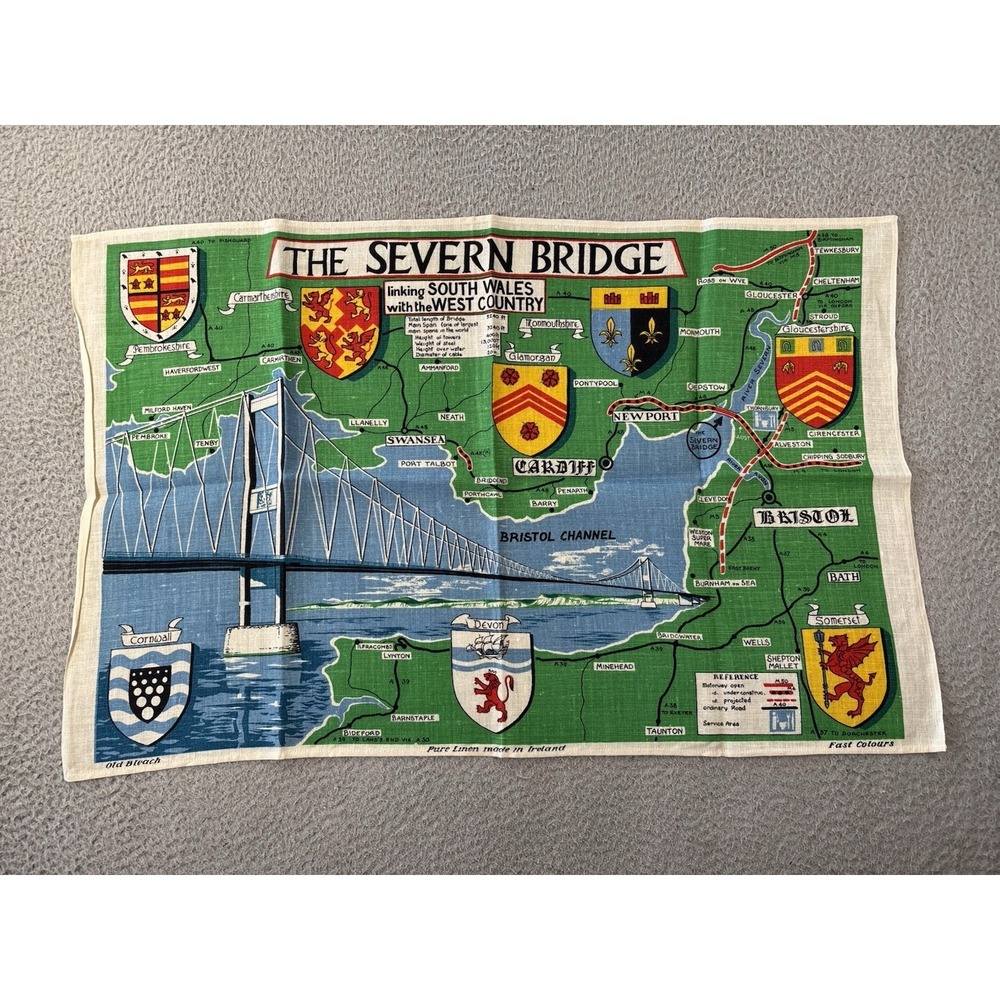 Vintage Old Bleach Severn Bridge Tea Towel Irish Linen‎ Wales MCM